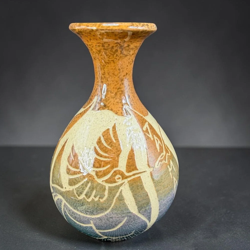 Frazer Signed Sgraffito Hummingbird Art Pottery Vase Ochre Green Purple 6 Inch